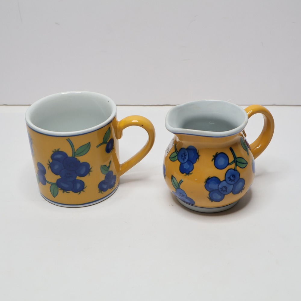April Cornell‎ Blueberry Mug and Creamer Set Yellow Blue Fruit Ceramic Vintage